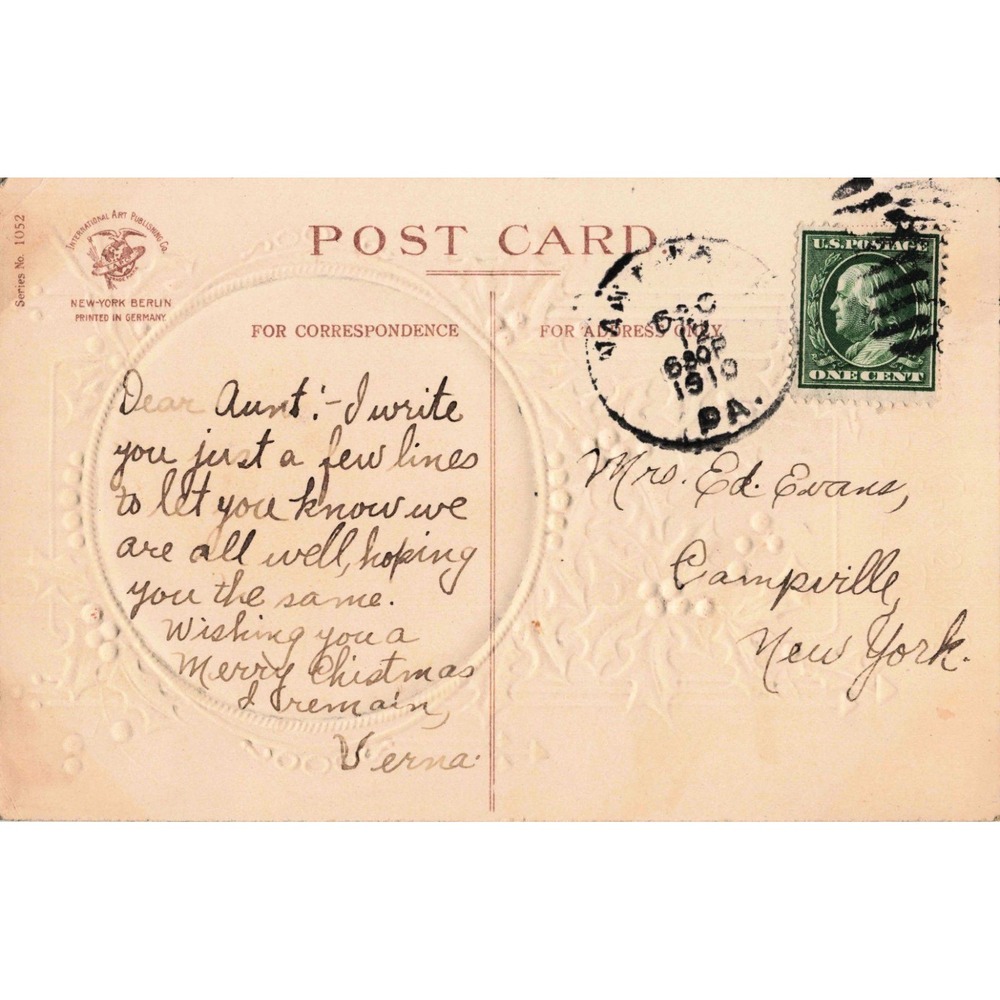 Antique 1910 Christmas Postcard Embossed Woman Portrait Holly Berries 1052 VG- - Picture 2 of 2